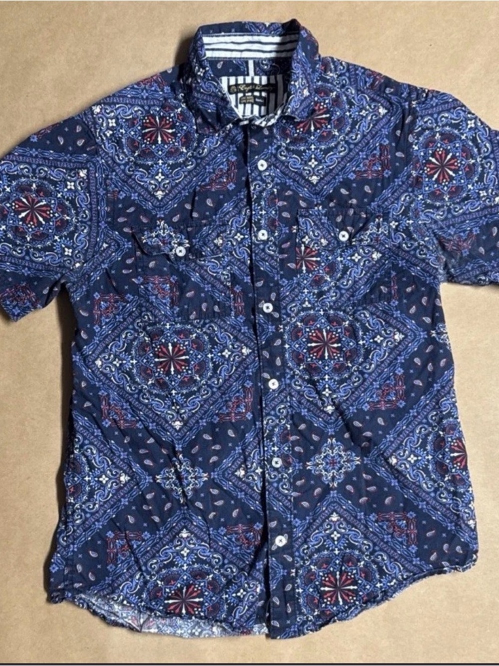 English Laundry Navy Blue Paisley & Bandana Print Short-Sleeve Button-Down Shirt